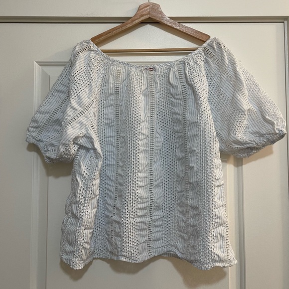 Organic John Patrick Pima Cotton Eyelet Blouse Blue Stripe - Picture 6 of 7